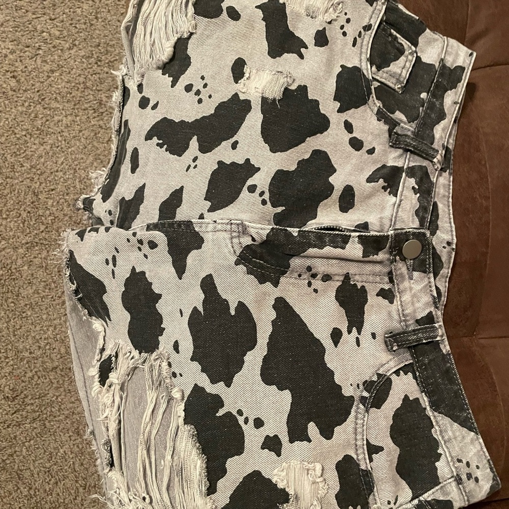 Have large cow print shorts  gray and black